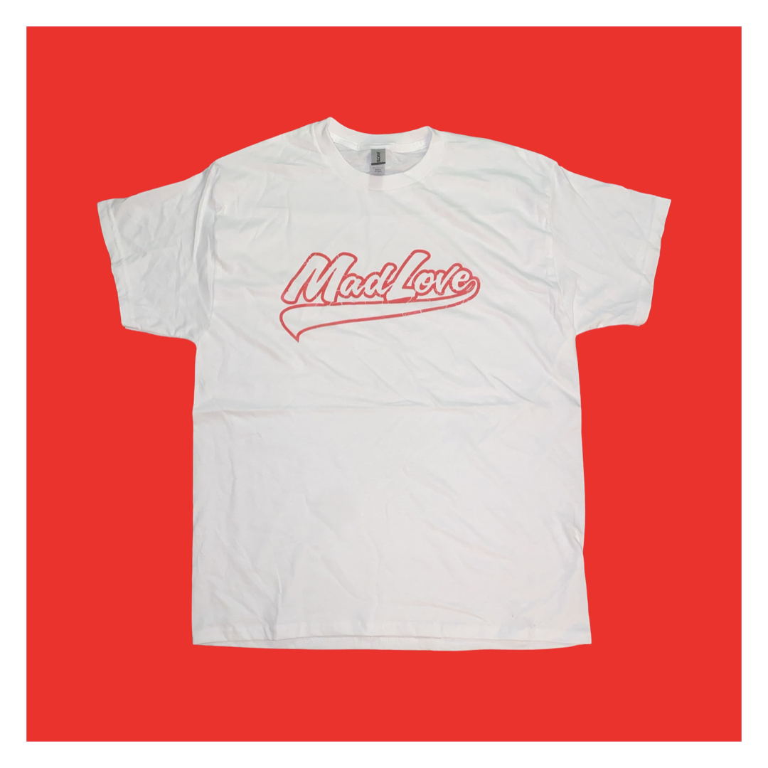 MadLove Red Logo Tee Shirt - White shirt w/ Red Logo writing